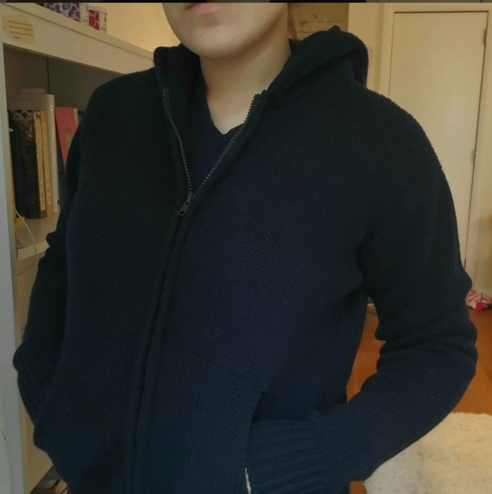 Navy blue knit zip up sweater